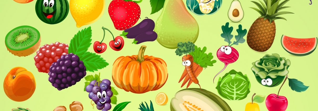 Cartoon depiction of the many fruit and vegetables available at the farmers' market.