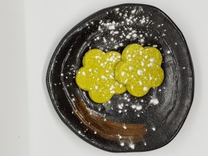 Matcha shortbread on Japanese plate.