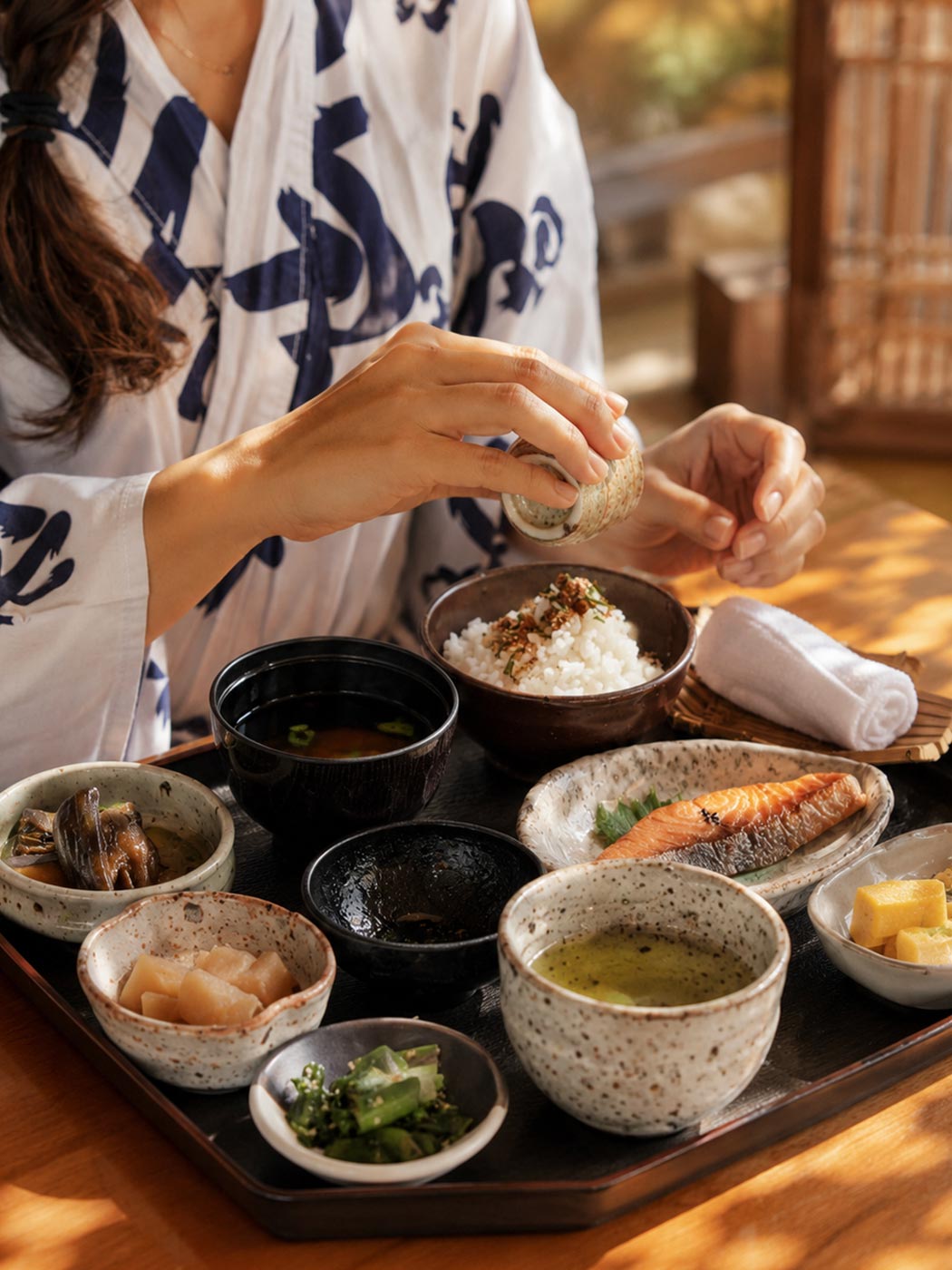 The traditional Japanese breakfast tray at Shizuka Ryokan