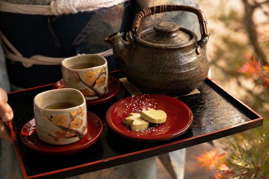 Green tea and sweets served on a red lacquer tray