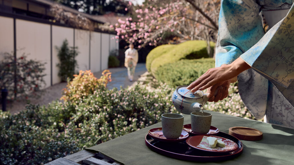 Green tea poured in the garden at Shizuka Ryokan, plum blossom behind